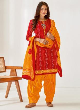 Red Pure Cotton Regular Wear Printed Work Straight Suit