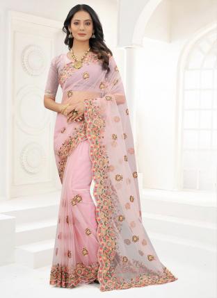 Light Pink Net Wedding Wear Resham Work Saree