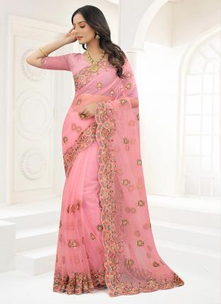Pink Net Wedding Wear Resham Work Saree