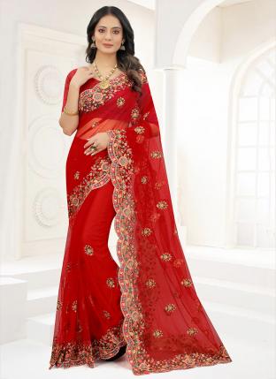 Red Net Wedding Wear Resham Work Saree