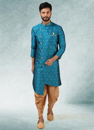 Blue Jacquard Brocade Silk Wedding Wear Pintux Peshawari Indo Western