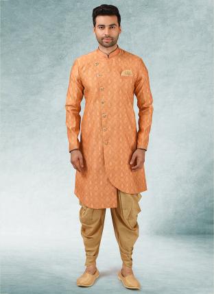 Peach Jacquard Brocade Silk Wedding Wear Pintux Peshawari Indo Western