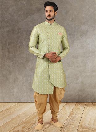 Pista green Jacquard Brocade Silk Wedding Wear Pintux Peshawari Indo Western