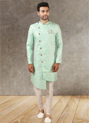 Sea green Jacquard Brocade Silk Wedding Wear Pintux Aligadhi Indo Western