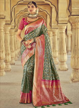 Green Pure Silk Reception Wear Mirror Khatli Work Saree