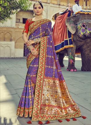 Purple Pure Silk Reception Wear Mirror Khatli Work Saree