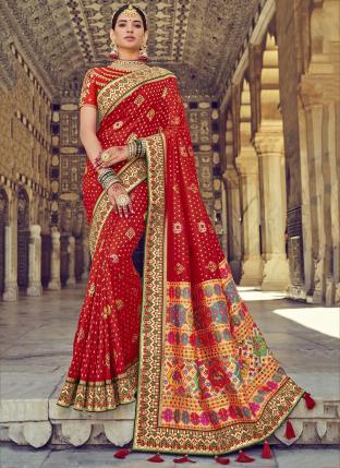 Red Pure Silk Reception Wear Khatli Work Saree