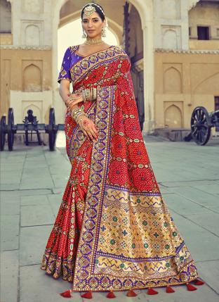 Red Pure Silk Reception Wear Mirror Khatli Work Saree