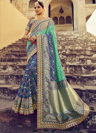 Royal Blue Pure Silk Reception Wear Mirror Khatli Work Saree