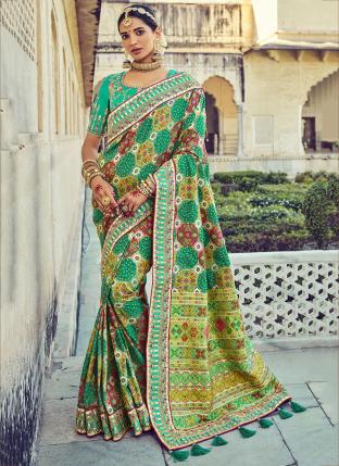 Teal green Pure Silk Reception Wear Mirror Khatli Work Saree