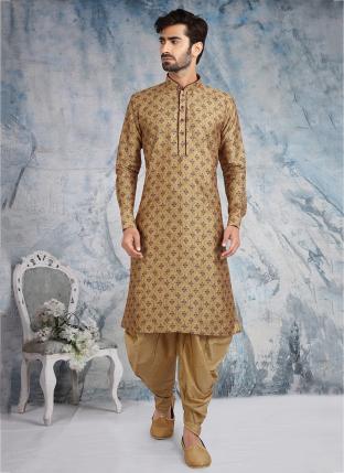 Beige Banarasi Silk Traditional Wear Printed Work Kurta Pajama
