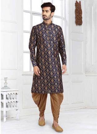 Blue Banarasi Silk Traditional Wear Printed Work Kurta Pajama