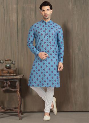 Blue Cotton Traditional Wear Printed Work Kurta Pajama