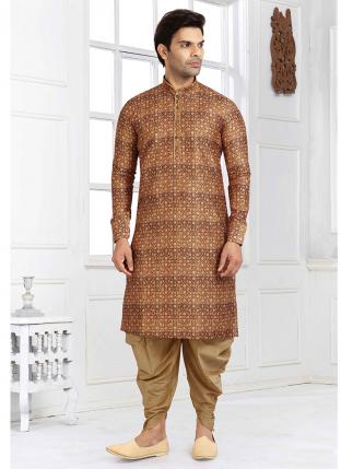 Brown Banarasi Silk Traditional Wear Printed Work Kurta Pajama