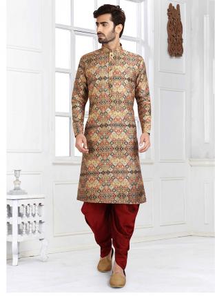Golden Banarasi Silk Traditional Wear Printed Work Kurta Pajama