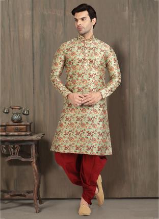 Green Banarasi Silk Traditional Wear Printed Work Kurta Pajama