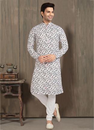 Off white Cotton Traditional Wear Printed Work Kurta Pajama