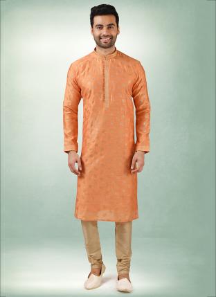 Orange Art Silk Traditional Wear Printed Work Kurta Pajama