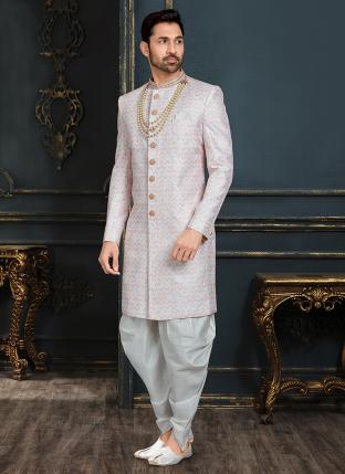 Multi Colour Banarasi Jacquard Wedding Wear Thread Work Sherwani