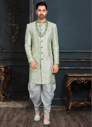 Sea Green Multi Colour Banarasi Jacquard Wedding Wear Thread Work Sherwani