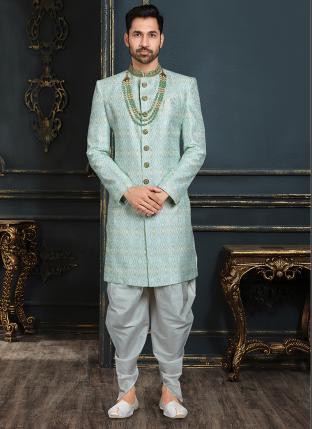 Sky Blue Multi Colour Banarasi Jacquard Wedding Wear Thread Work Sherwani