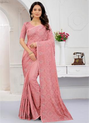 Dasty Pink Crepe Silk Wedding Wear Resham Work Saree