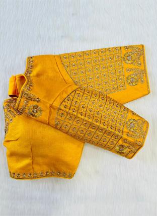 Yellow Phantom Silk Wedding Wear Embroidery Work Blouse