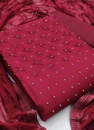Maroon Slub Cotton Casual Wear Embroidery Work Dress Material