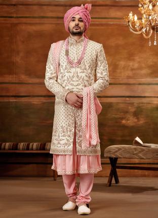 CREAM Art silk Wedding Wear Weaving Anarkali Sherwani