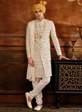 CREAM Art silk Wedding Wear Weaving Sherwani