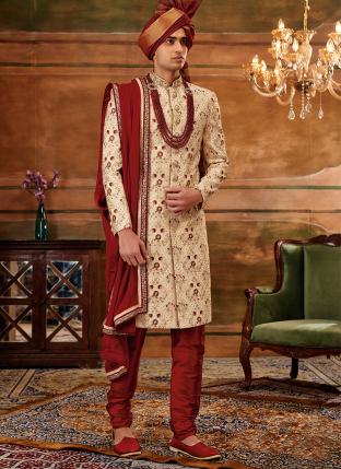 GOLD Art silk Wedding Wear Embroidery Work Sherwani