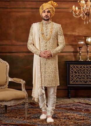 GOLD Art silk Wedding Wear Weaving Sherwani