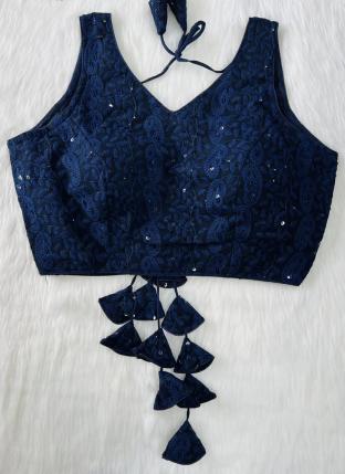 Navy Blue Georgette Traditional Wear Chikankari Blouse