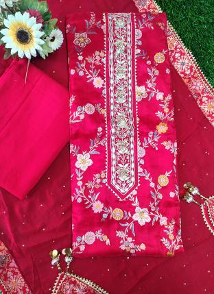 Red Dola Silk Traditional Wear Hand Work Salwar Suit