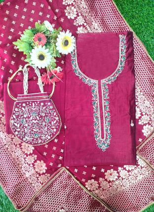 Red Chanderi Silk Party Wear Hand Work Salwar Suit