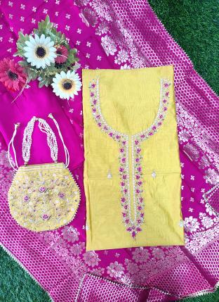 Yellow Chanderi Silk Party Wear Hand Work Salwar Suit