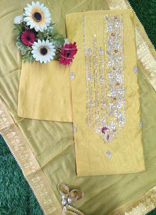 Yellow Chanderi Silk Traditional Wear Hand Work Salwar Suit