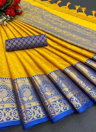 Yellow Soft Silk Casual Wear Weaving Saree