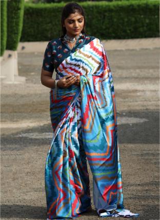 Blue Satin Silk Festival Wear Digital Printed Saree