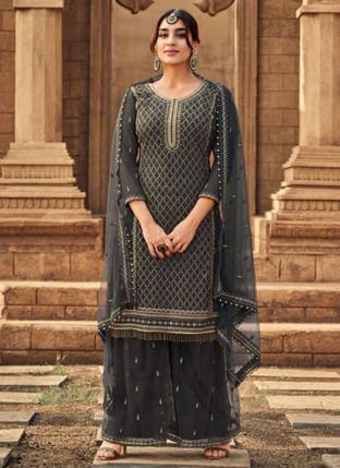 Black Faux Georgette Party Wear Embroidery Work Palazzo Suit