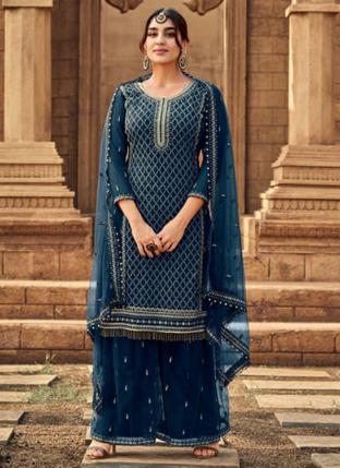 Blue Faux Georgette Party Wear Embroidery Work Palazzo Suit