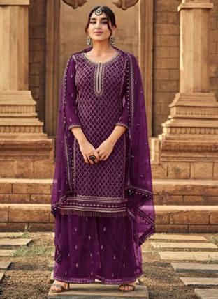 Purple Faux Georgette Party Wear Embroidery Work Palazzo Suit
