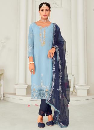 Blue Faux Georgette Traditional Wear Embroidery Work Readymade Salwar Suit