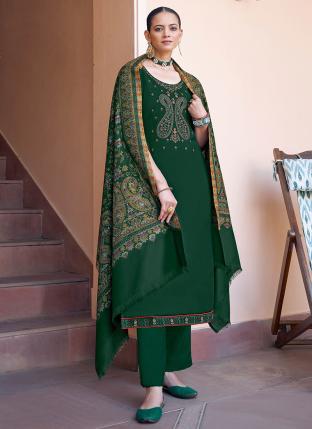 Bottle Green Pure Pashmina Casual Wear Embroidery Work Palazzo Suit
