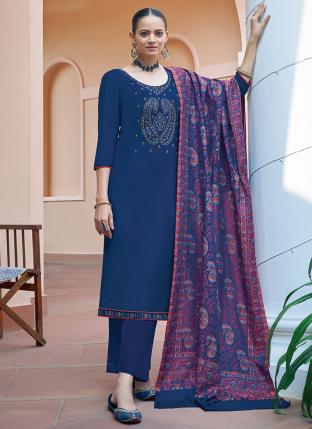 Navy Blue Pure Pashmina Casual Wear Embroidery Work Palazzo Suit