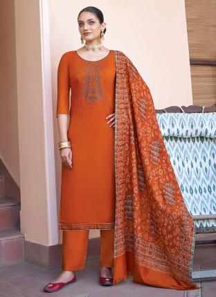 ORANGE Pure Pashmina Casual Wear Embroidery Work Palazzo Suit