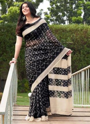 Black Linen Casual Wear Digital Printed Saree