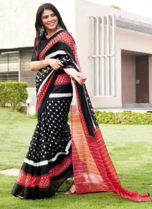 Hot Black Linen Casual Wear Digital Printed Saree