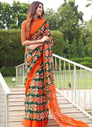 ORANGE Linen Casual Wear Digital Printed Saree