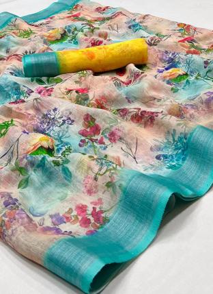 Firozi Linen Silk Casual Wear Printed Saree
